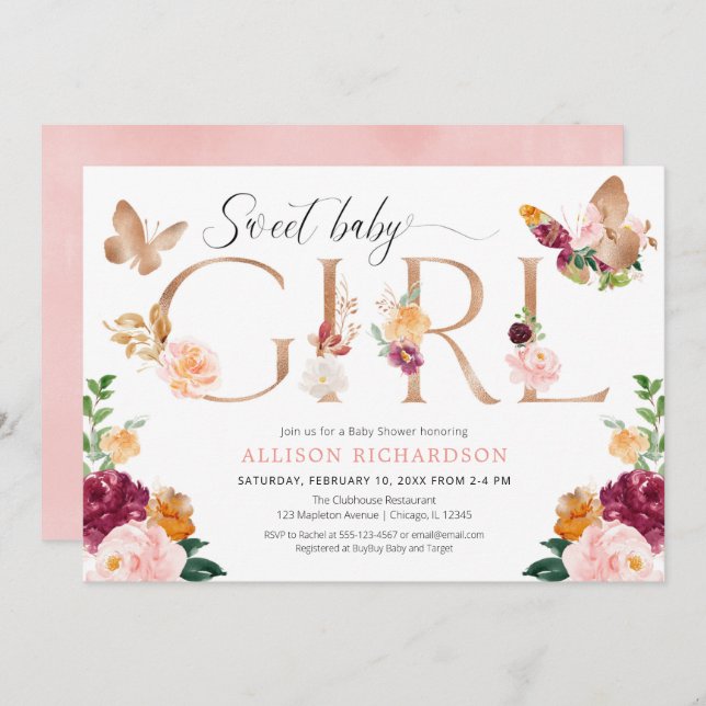 Rose Butterfly Rosa Dusche Einladung (Vorne/Hinten)