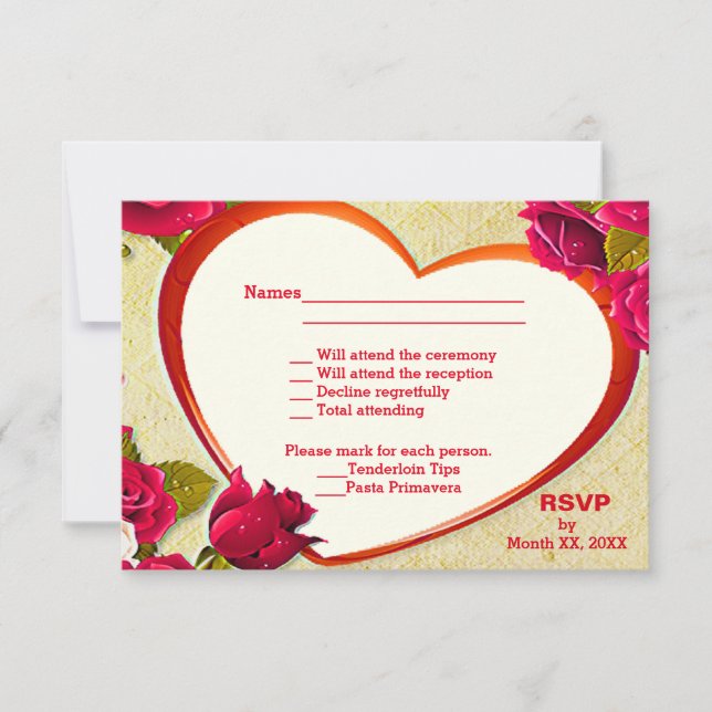 Rose & Cadre Coeur RSVP & Menu Carte Postale (Devant)