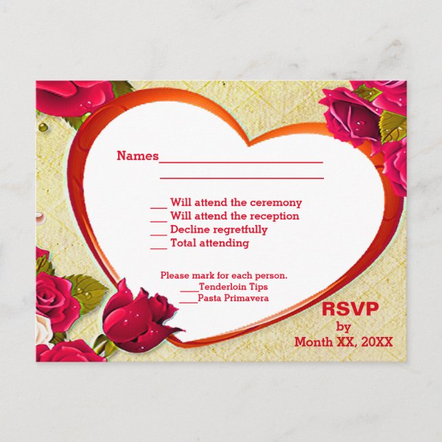 Rose & Cadre Coeur RSVP & Menu Carte Postale (Devant)