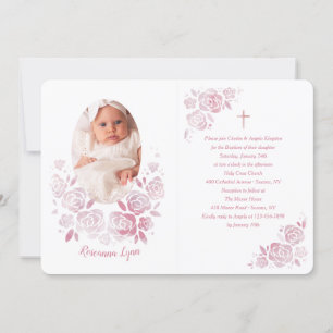 Rose Cameo Baptême Photo Invitation
