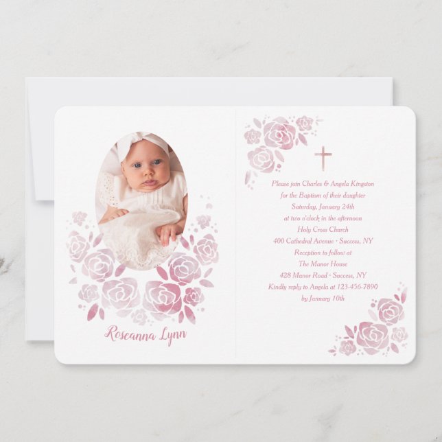 Rose Cameo Taufe Foto Einladung (Vorderseite)