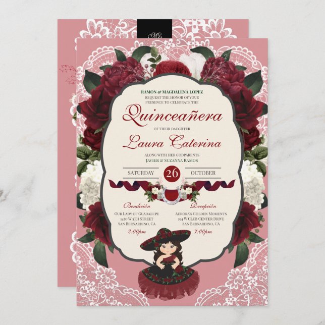 Rose Charro Quinceanera Einladung (Vorne/Hinten)