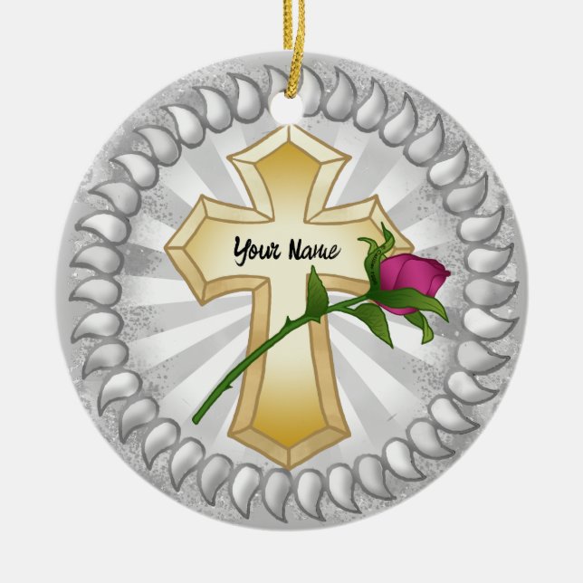 Rose Christliches Kreuz Keramik Ornament (Vorne)