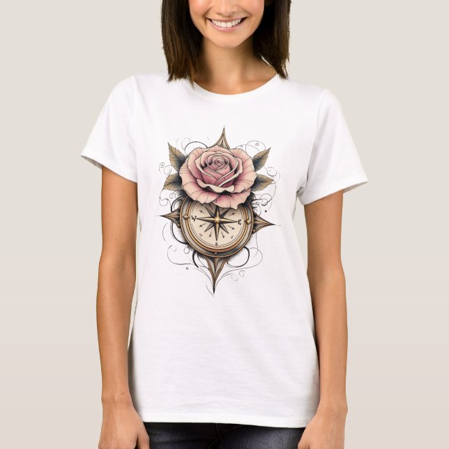 Rose Compass Tattoo Art T-Shirt (Vorderseite)