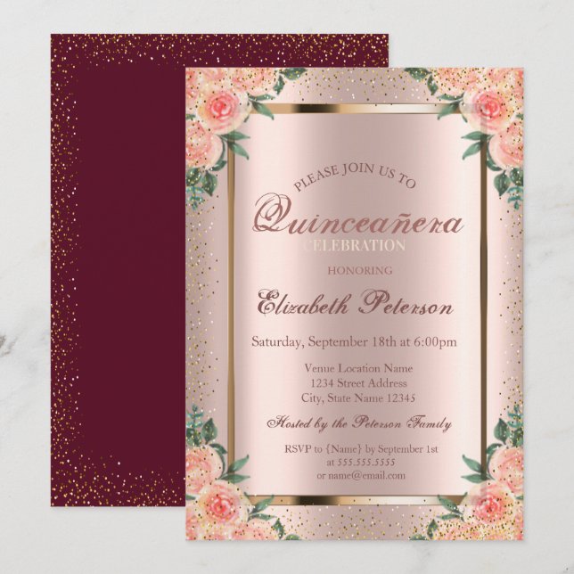 Rose Confetti Rose Gold, Burgund Quinceañera Einladung (Vorne/Hinten)