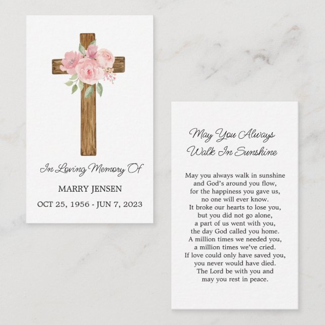 Rose Cross Memorial Funeral Prayer Card Visitenkarte (Vorne/Hinten)