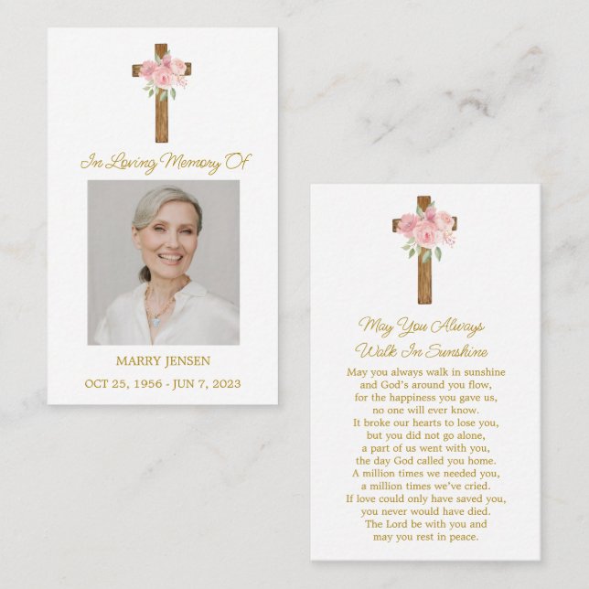 Rose Cross Memorial Photo Funeral Prayer Card Visitenkarte (Vorne/Hinten)