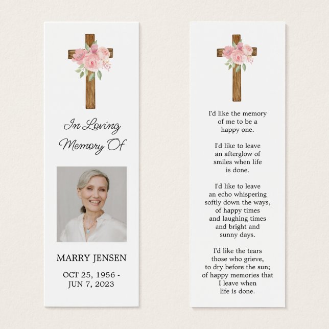 Rose Cross Photo Funeral Bookmark (Vorne & Hinten)