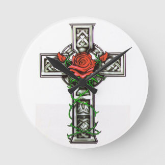 Rose cross tattoo design runde wanduhr