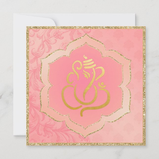 Rose Damask Gold Ganesh Indische Hochzeit  Einladung (Vorderseite)