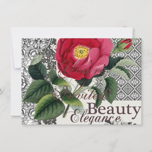Rose Damask Hübsche Blumenantik Einladung (Vorderseite)