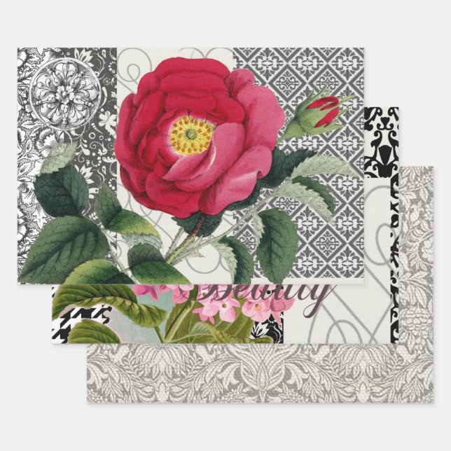 Rose Damask Hübsche Blumenantik Geschenkpapier Set (Set)