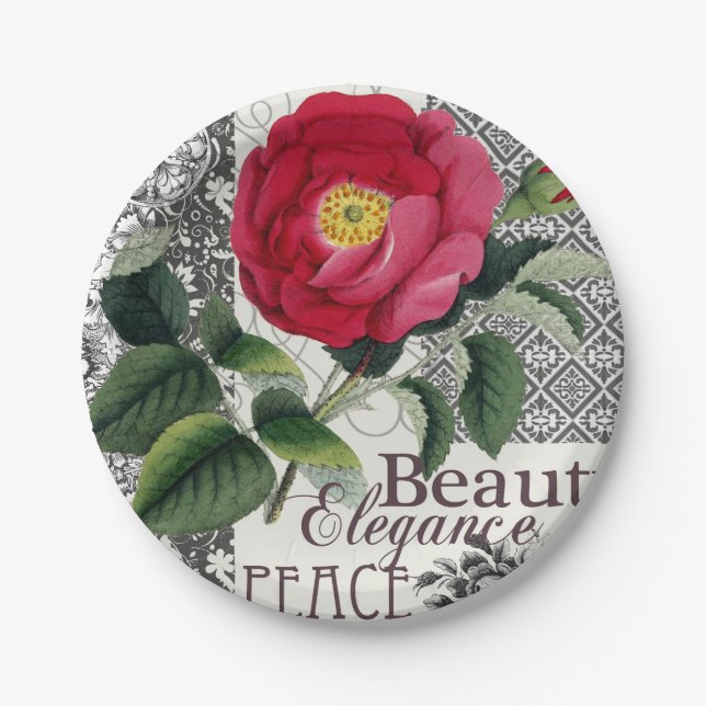 Rose Damask Hübsche Blumenantik Pappteller (Vorderseite)