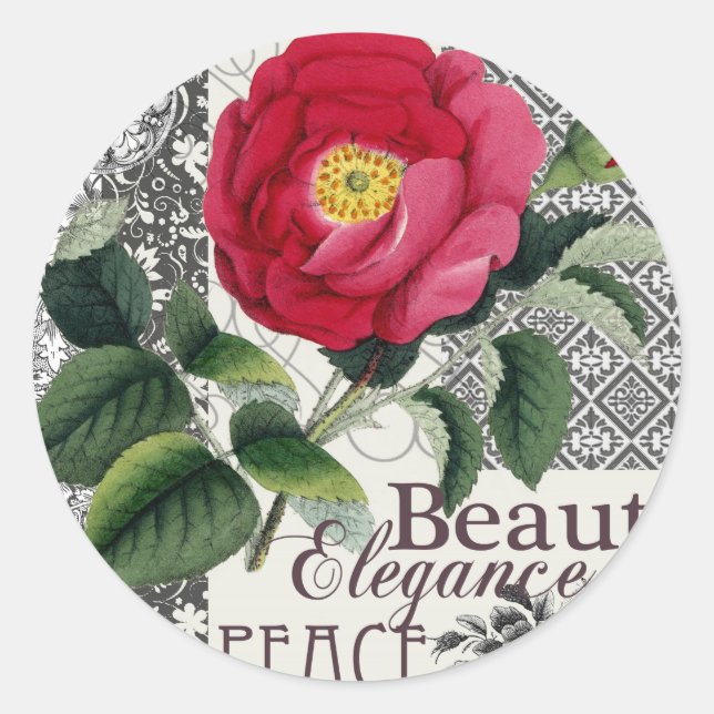 Rose Damask Hübsche Blumenantik Runder Aufkleber (Vorderseite)