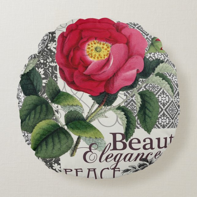 Rose Damask Hübsche Blumenantik Rundes Kissen (Vorderseite)