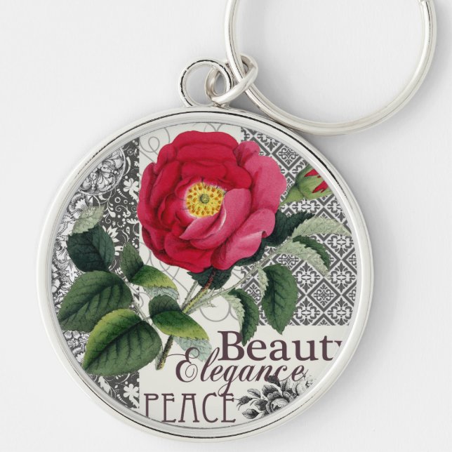 Rose Damask Hübsche Blumenantik Schlüsselanhänger (Vorne)