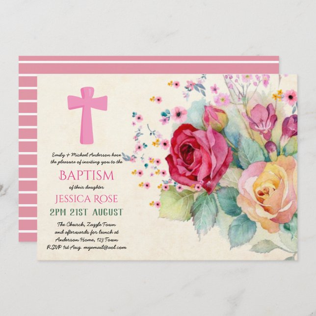 Rose d'aquarelle BAPTISM filles, Invitations (Devant / Derrière)