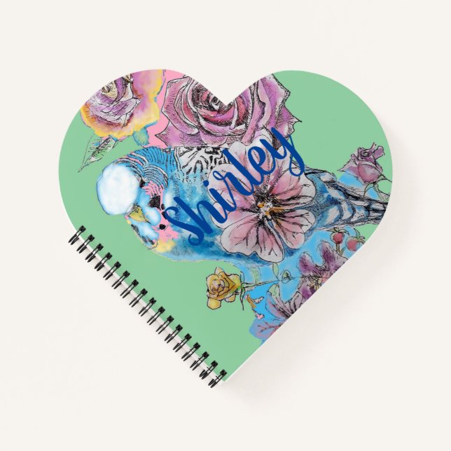 Rose d'aquarelle bleu Budgie Carnet de coeur vert (Devant)