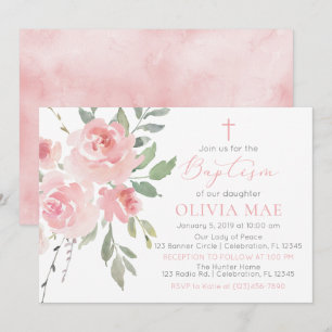 Rose d'aquarelle Garden Girl Baptism Invitation