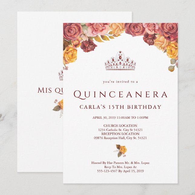 Rose de Bourgogne | Invitations de Quinceanera (Devant / Derrière)