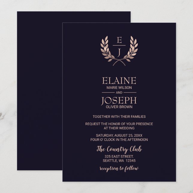 Rose de la marine Monogramme d'or Invitations de m (Devant / Derrière)