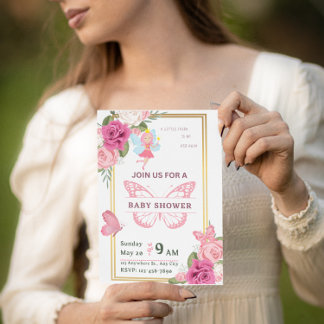 Rose de papillon rose  invitation baby shower
