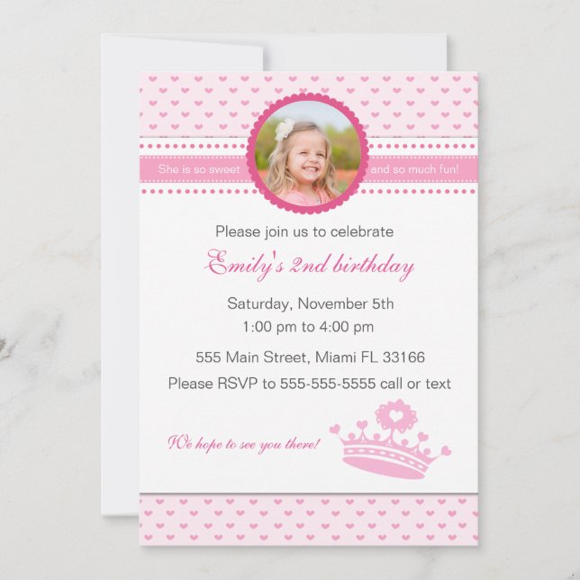 Rose de princesse Birthday Photo Invitation Girl (Devant)