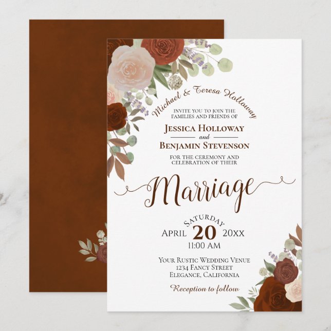 Rose der Hochzeit von Rost Orange & Peach Einladung (Vorne/Hinten)