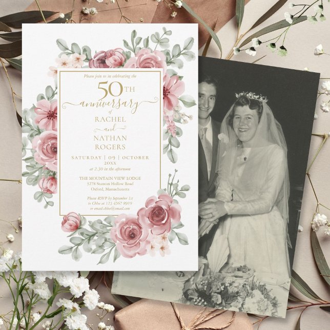 Rose des Blumenhandels 50. Jubiläum Hochzeitsfeier Einladung (Floral Rose 50th Golden Anniversary Wedding Photo Invitation)