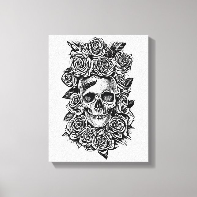 Rose des menschlichen Schädels Goth Biker Art Illu Leinwanddruck (Vorderseite)