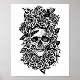 Rose des menschlichen Schädels Goth Biker Art Illu Poster