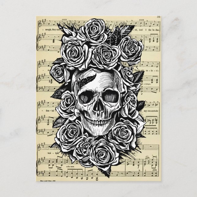 Rose des menschlichen Schädels Goth Biker Art Illu Postkarte (Vorderseite)