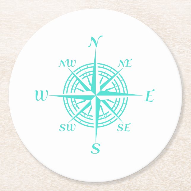 Rose des Nautical White Compass an der Küste Runder Pappuntersetzer (Vorderseite)