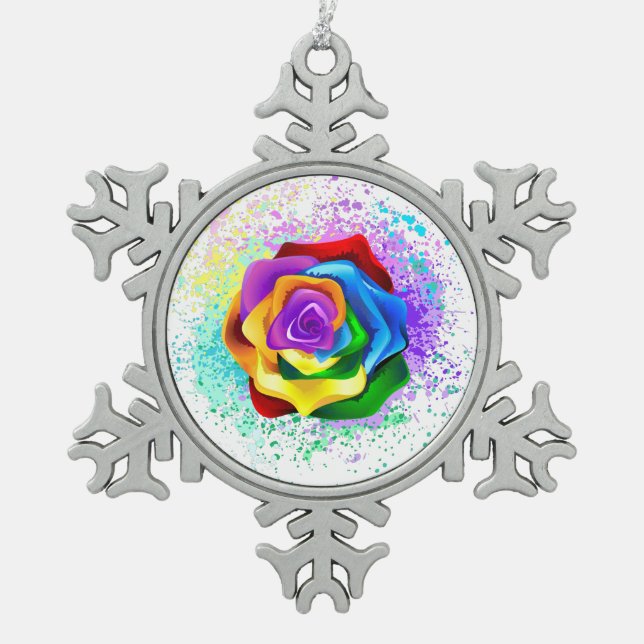 Rose des Regenbogens Schneeflocken Zinn-Ornament (Vorderseite)