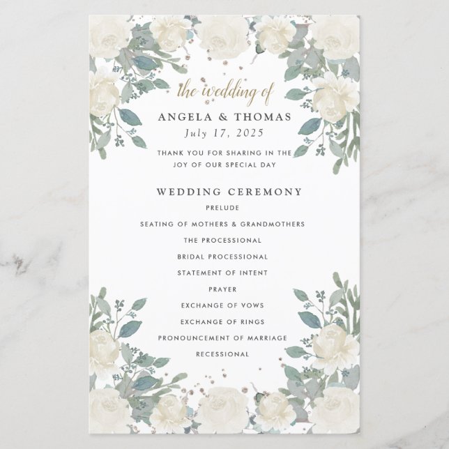 Rose d'hiver White Gold Floral Wedding Programme (Devant)