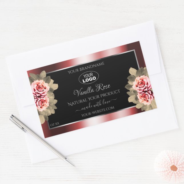 Rose, die das Logo "Red Black Product Labels" (Rot Rechteckiger Aufkleber (Umschlag)
