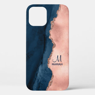 Rose d'or et bleu marine - Aquarelle d'agate Coque