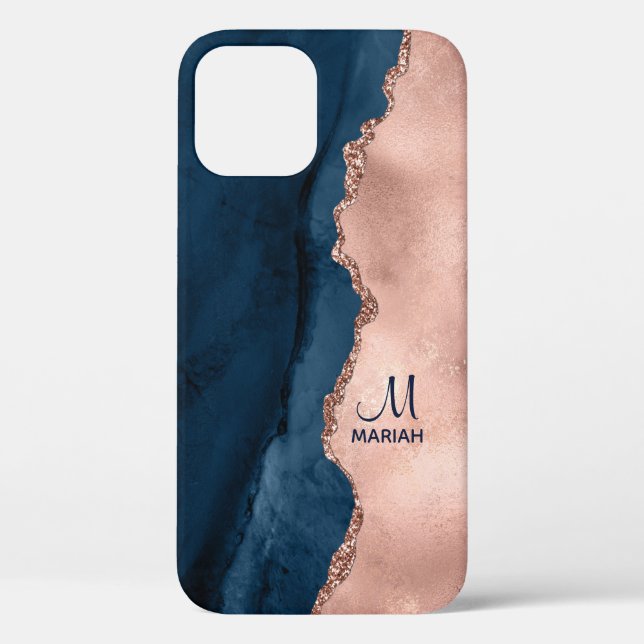 Rose d'or et bleu marine - Aquarelle d'agate Coque (Verso)