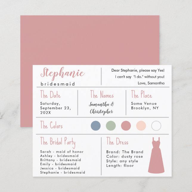Rose Dress Color Bridesmaid Information Card (Vorne/Hinten)