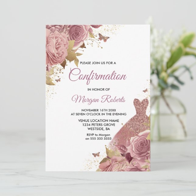Rose Dress Confirmation Blush Pink Dusty Einladung (Stehend Vorderseite)