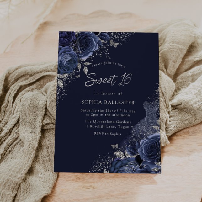 Rose & Dress Navy & Silver Sweet 16 Party Einladung (Von Creator hochgeladen)