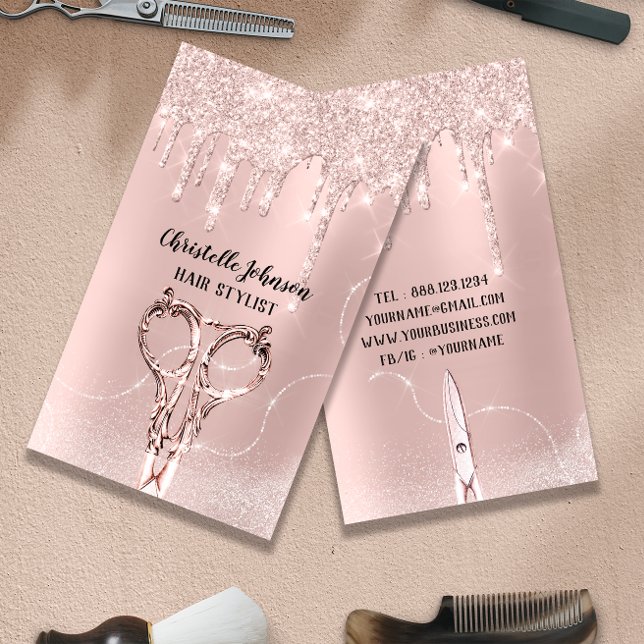 Rose-DripGlitter Friseursalon Scheren Visitenkarte (Hair Stylist Rose DripGlitter Hairdresser Scissors Business Card)