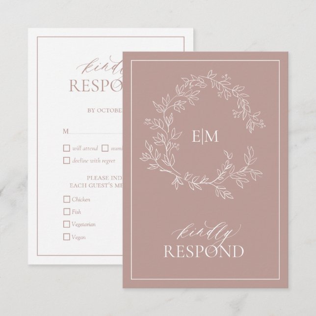 Rose Dusty Crest Monogramme Mariage Carte RSVP (Devant / Derrière)