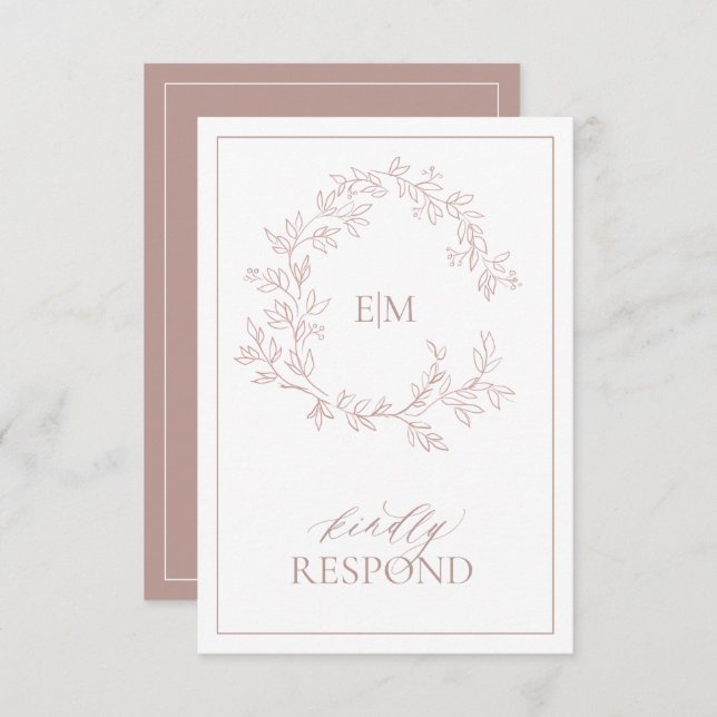 Rose Dusty Crest Monogramme Mariage Carte RSVP (Devant / Derrière)