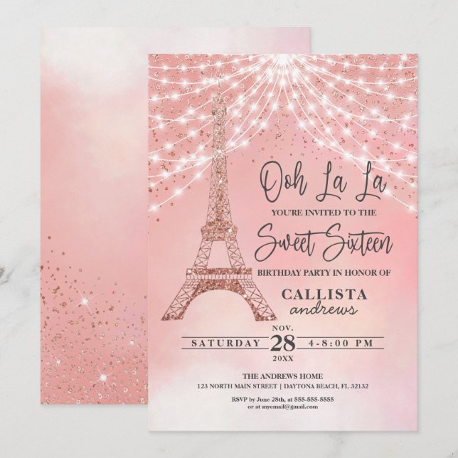 Rose Eiffelturm Glitzer Glitzern Lights Sweet 16 Einladung (Vorne/Hinten)