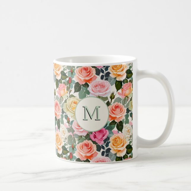 Rose Elegante Blume Hübsch Mit Monogramm Kaffeetasse (Rechts)