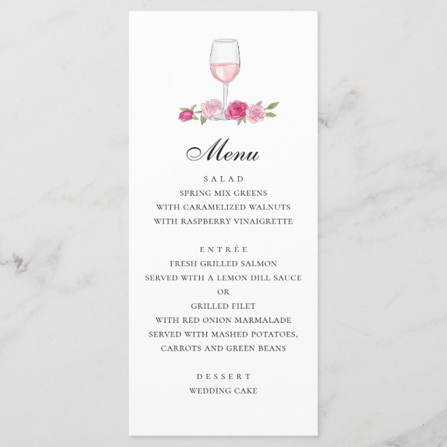 Rose. Elegante rosa Blumenhochzeit. Glas Wein Menükarte (Vorderseite)