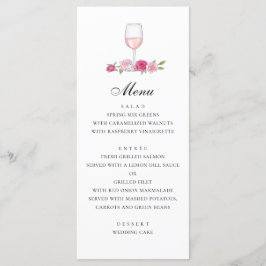 Rose. Elegante rosa Blumenhochzeit. Glas Wein Menükarte