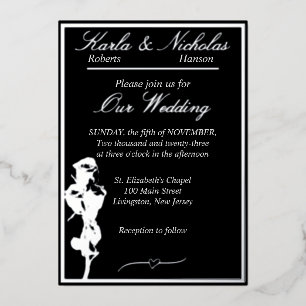Rose, elegante Schwarze Hochzeit, Silber Folieneinladung