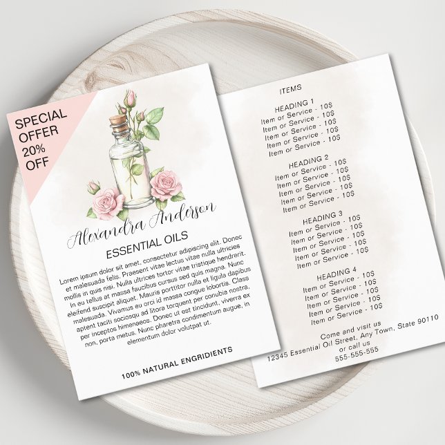 Rose Essenzielle Öle Farbflasche Flyer (Rose Essential Oils Watercolor Floral Bottle Flyer)